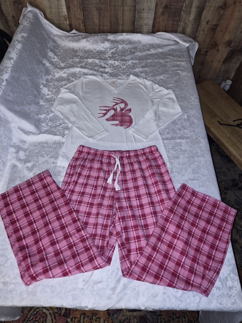 Women’s Pink Plaid Flannel Pajama Set with White Pink Deer Graphic Top